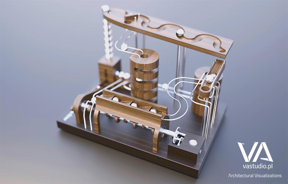 Wizualizacja 3D drewnianej konstrukcji z kulkami, przypominającej perpetuum mobile, na szarym tle. Widoczne logo 'VA vastudio.pl Architectural Visualizations'.