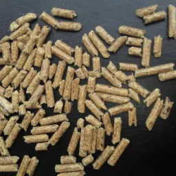 Jasne, cylindryczne bryłki pelletu drzewnego, rozrzucone na czarnym, matowym tle. Widoczne drobne nierówności i tekstura pelletu.