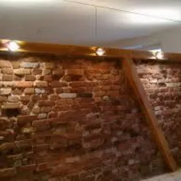 Ceglana ściana z drewnianą konstrukcją i oświetleniem punktowym, fragment lustra w tle, ciepłe barwy, wyeksponowana faktura cegieł.