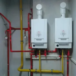 Dwa białe piece grzewcze, z czerwonymi i ż&oacute;łtymi rurami, zamontowane na ścianie w Świdnicy. Widoczne manometry i elementy instalacji.