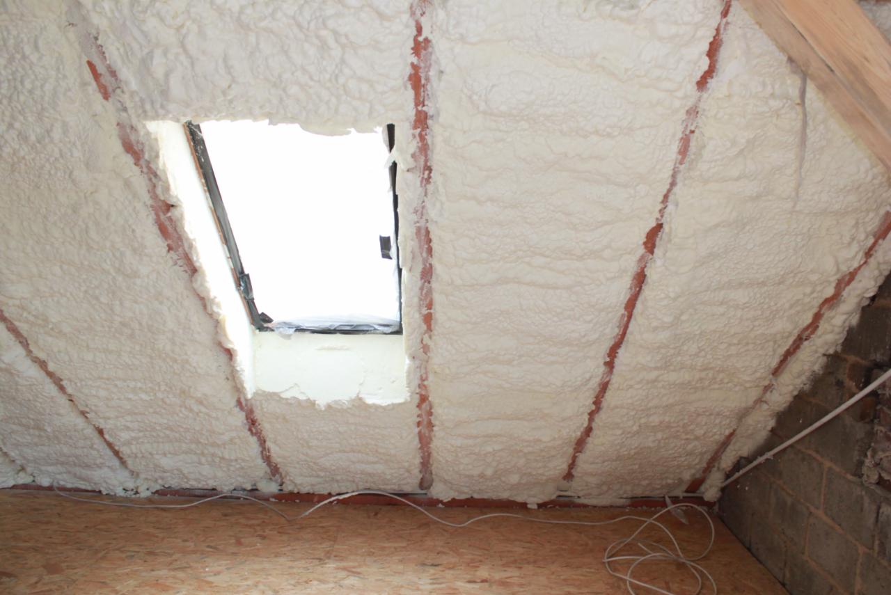 Poddasze po ociepleniu pianką PUR, widoczne krokwie i okno dachowe częściowo zakryte pianą, na podłodze luźno leżące przewody elektryczne.