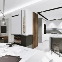 Nowoczesne wnętrze z otwartą kuchnią, jadalnią i salonem, z minimalistycznym kominkiem, drewnianymi akcentami i roślinami doniczkowymi, oświetlone wiszącymi lampami.