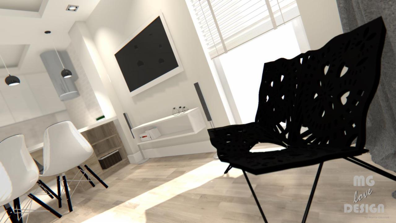 Wizualizacja wnętrza mieszkania w Opolu, osiedle Nowe Chabry: czarne, ażurowe krzesło na tle jasnego salonu z telewizorem, białymi krzesłami i drewnianą podłogą.