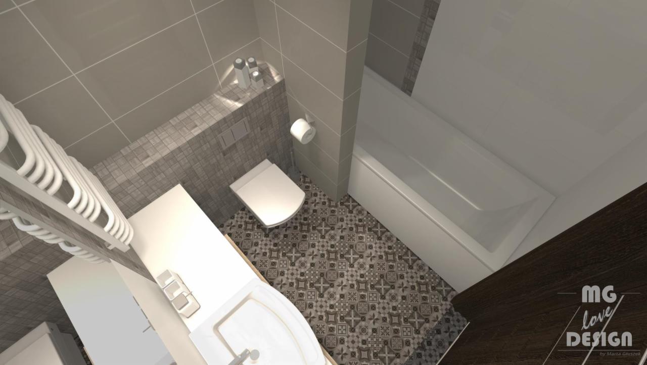 Wizualizacja łazienki z szarą glazurą, wzorzystą podłogą, białą armaturą i grzejnikiem drabinkowym, widok z góry.