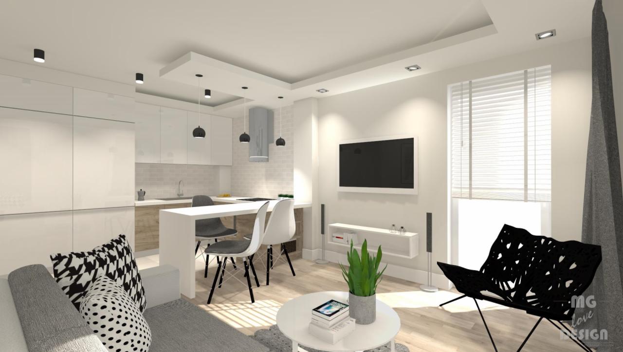 Wizualizacja wnętrza mieszkania w jasnych barwach z aneksem kuchennym, białymi meblami i czarnymi akcentami oświetleniowymi oraz dekoracyjnymi.