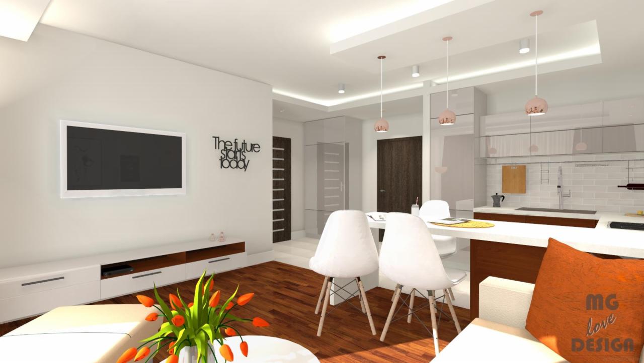 Wizualizacja wnętrza mieszkania w Opolu: salon z aneksem kuchennym, drewniana podłoga, białe krzesła, telewizor na ścianie z napisem 'The future starts today'.