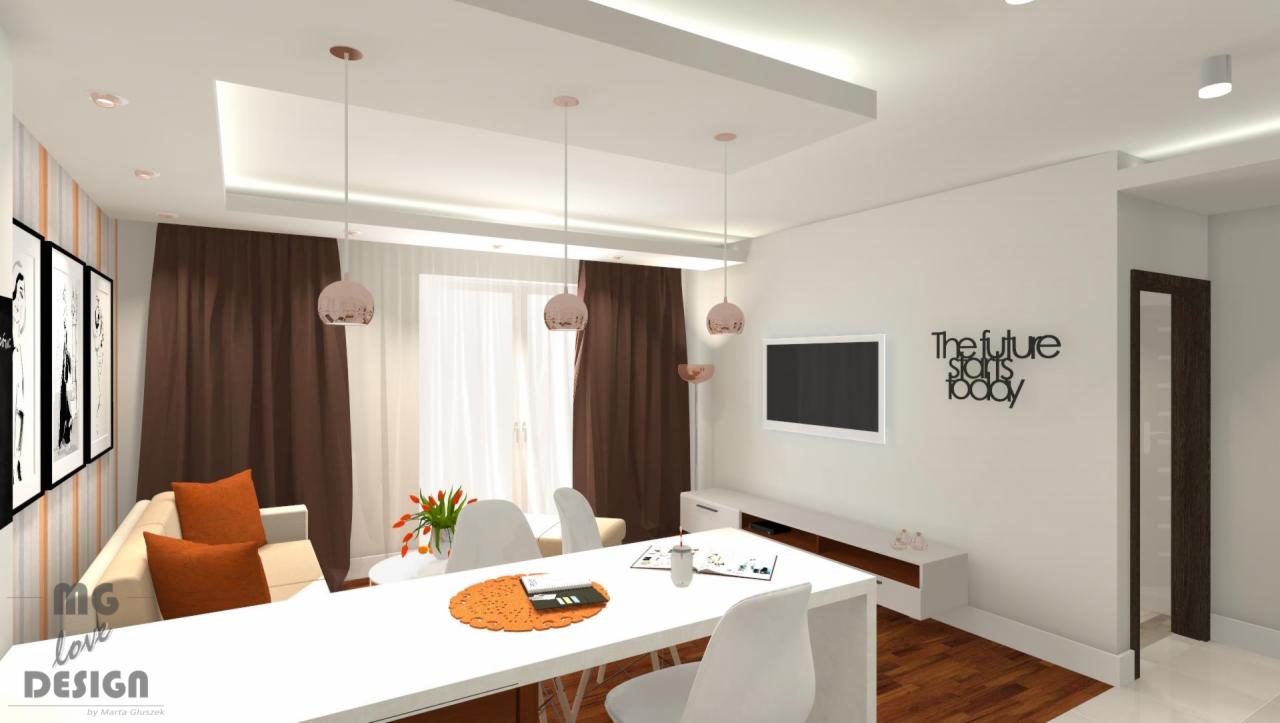 Wizualizacja wnętrza mieszkania w Opole: salon z białym stołem, krzesłami, beżową sofą z pomarańczowymi poduszkami, brązowymi zasłonami i dekoracją ścienną z napisem 'The future starts today'.