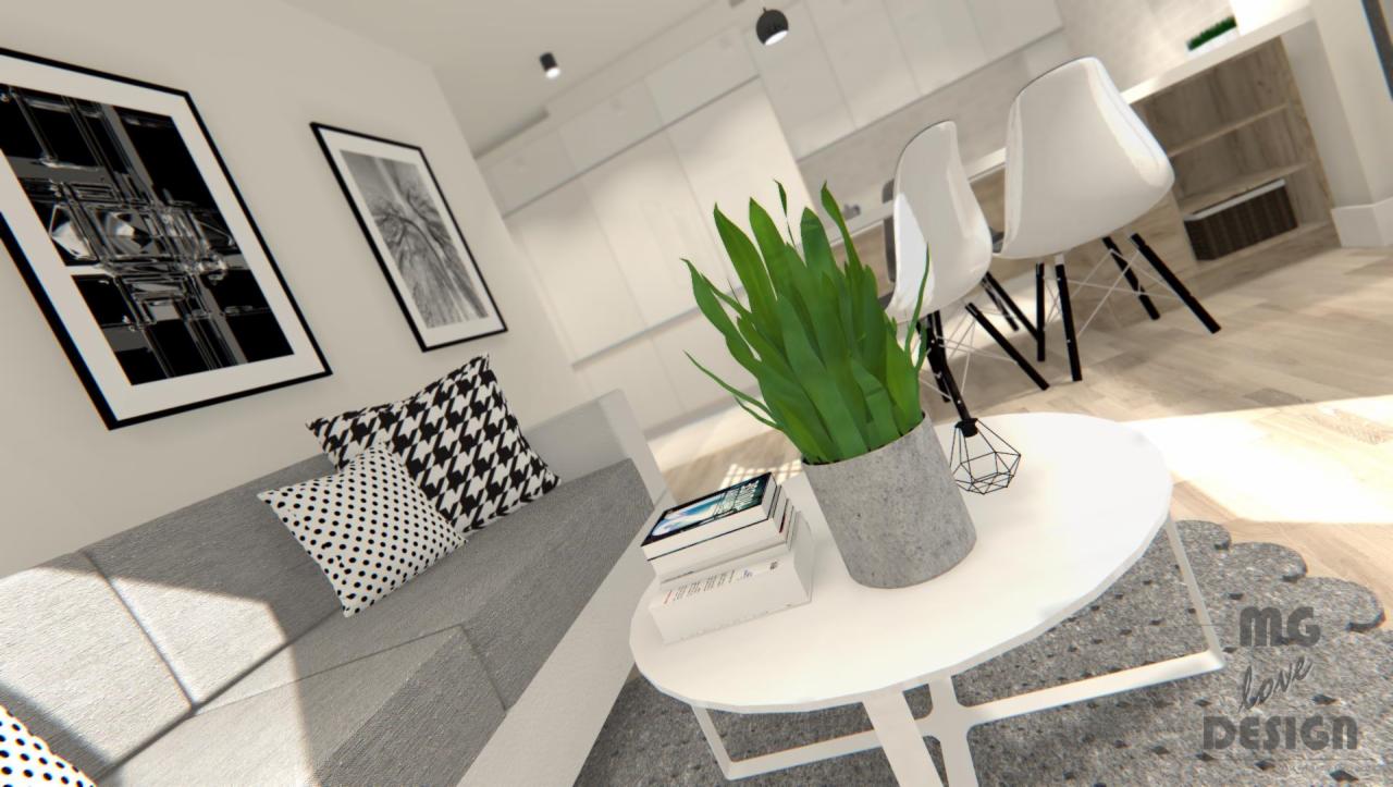 Wizualizacja jasnego salonu z szarą sofą, wzorzystymi poduszkami, okrągłym białym stolikiem kawowym z rośliną doniczkową i stosem książek, oraz dwoma białymi krzesłami w tle, uzupełniona...