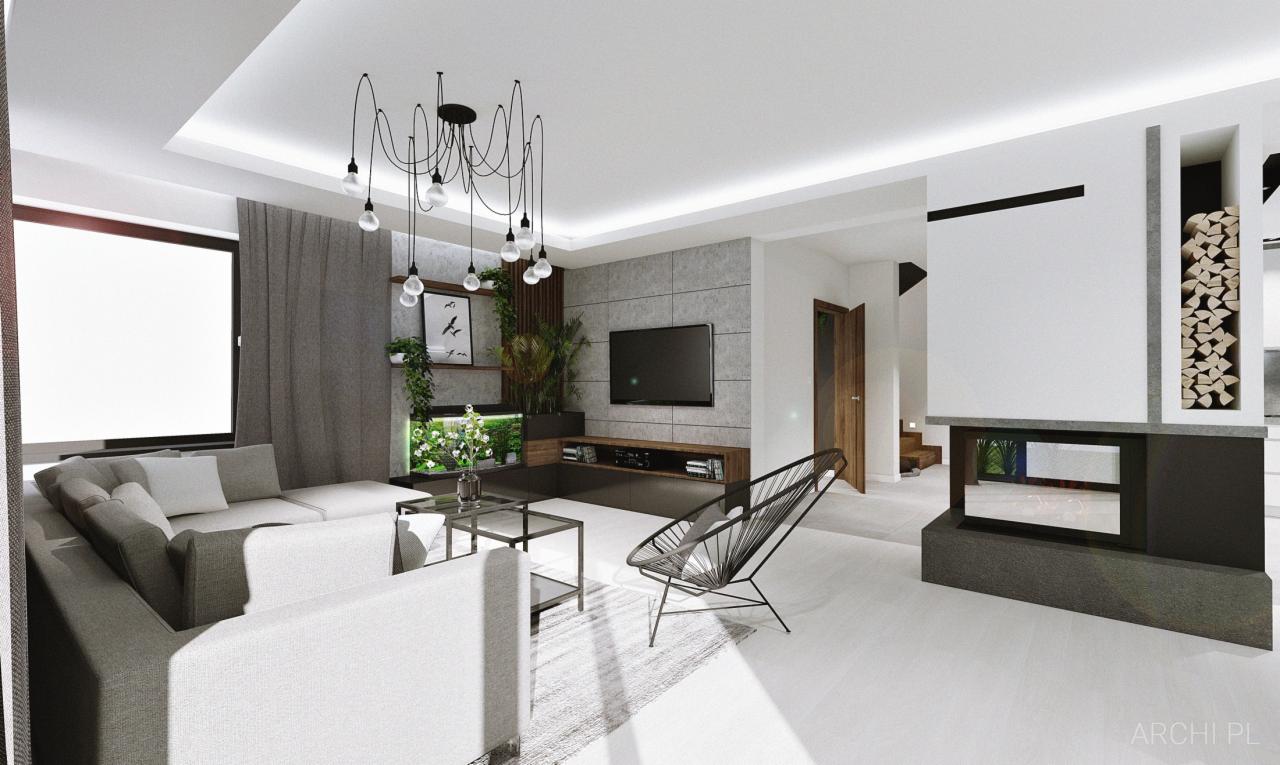 Wizualizacja salonu z nowoczesnym kominkiem, wiszącą lampą z żarówkami, szarą sofą narożną i akwarium za telewizorem.