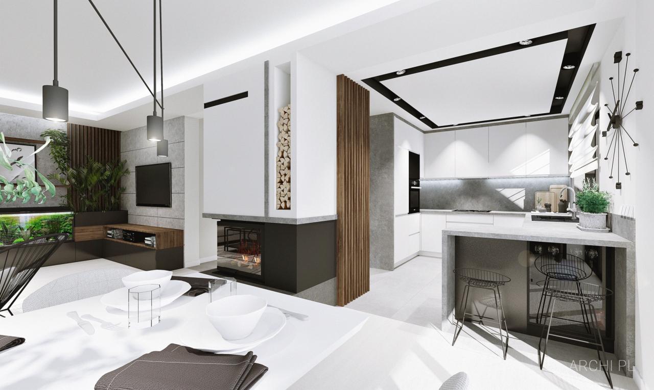 Nowoczesne wnętrze z otwartą kuchnią, jadalnią i salonem, z minimalistycznym kominkiem, drewnianymi akcentami i roślinami doniczkowymi, oświetlone wiszącymi lampami.