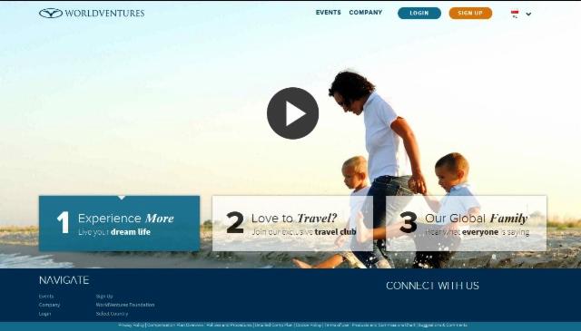 Strona internetowa firmy turystycznej WorldVentures z matką i dwójką dzieci spacerującymi po plaży w słoneczny dzień. Widoczne hasła: 'Experience More', 'Love to Travel?', 'Our Global Family'.
