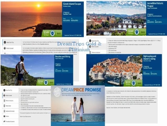 Kompozycja kolażu ofert podróży z różnymi destynacjami: grecka wyspa o zachodzie słońca, Praga z mostami, ścieżki rowerowe w Hiszpanii, Dubrownik z morza, para na plaży z obietnicą cenową.