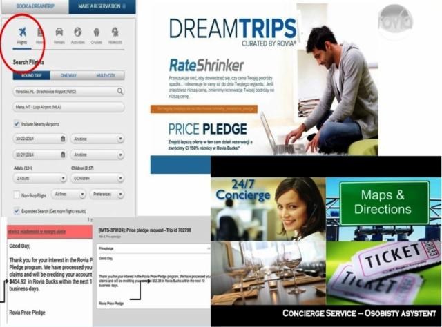 Kompozycja graficzna z elementami rezerwacji lotów online z Wrocławia, ofert DreamTrips, RateShrinker, Price Pledge, serwisu concierge, map i biletów, sugerująca kompleksową obsługę podróży.