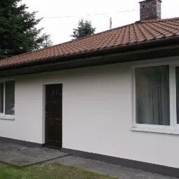 Odnowiona elewacja domu jednorodzinnego z brązowym dachem, białymi oknami i ciemnymi drzwiami. Uwagę przykuwa czarny pies siedzący na chodniku.