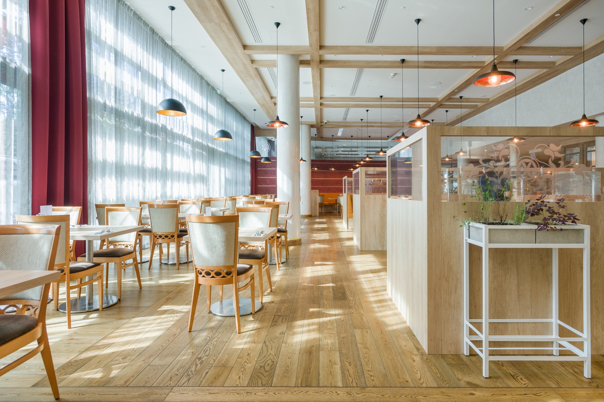 Parkiet z jasnego drewna w restauracji, z widocznymi stołami, krzesłami i kolumnami, oświetlony wiszącymi lampami i naturalnym światłem wpadającym przez okna.