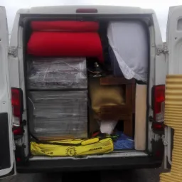 Wnętrze białego busa załadowane meblami, materacami, kartonami owiniętymi folią stretch i torbą sportową Kipsta, widok z tyłu przez otwarte drzwi.