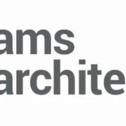 Logo firmy architektonicznej AMS Architektura. Pomarańczowy kwadrat z białym zygzakiem po lewej, obok szary napis 'ams architektura'.