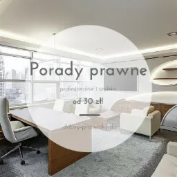 Nowoczesne biuro z widokiem na miasto, oferujące porady prawne profesjonalnie i szybko od 30 zł, z adresem strony dobry-prawnik.info w tle.
