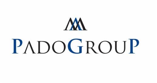 Logo firmy PADO GROUP z dwoma stylizowanymi literami M nad nazwą, w kolorach granatowym i czarnym na białym tle.