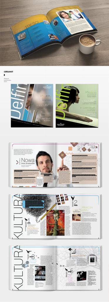 Otwarty magazyn Cersanit z grafiką i tekstem, obok filiżanka kawy. Układ stron ukazuje różnorodne projekty graficzne i typograficzne. Prezentacja portfolio grafika.