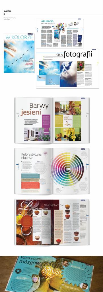 Układ stron magazynu o kolorach i fotografii, otwarte strony prezentują paletę barw jesieni, niuanse kolorystyczne i motywy kulinarne. Projekt graficzny.