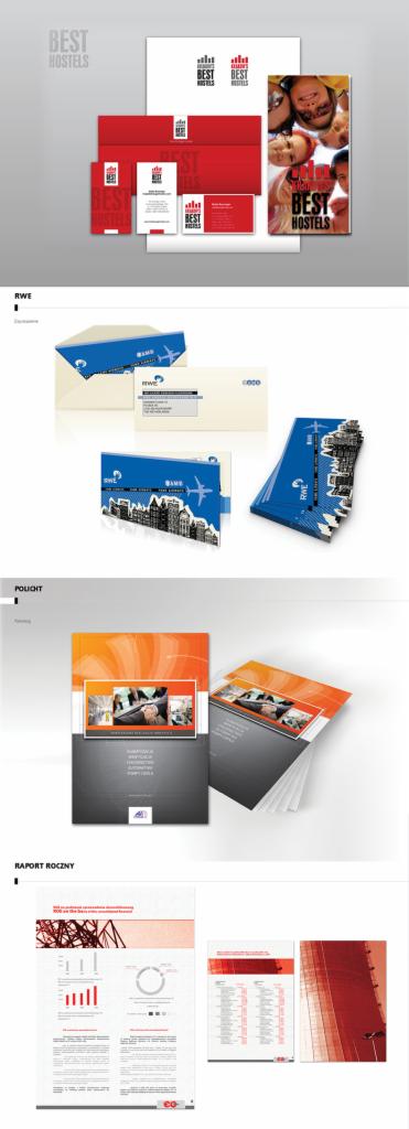 Przykłady projektów graficznych: identyfikacja wizualna (logo, wizytówki), raport roczny, broszura. Różne style i kolorystyka, prezentacja portfolio grafika.