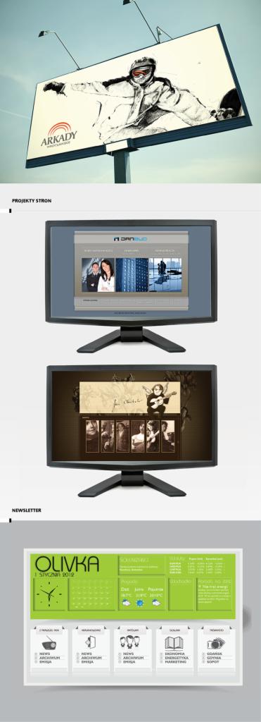 Przykłady projektów graficznych: billboard z motywem skoczka, strona internetowa na monitorze i newsletter z zielonym kalendarzem.