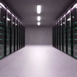 Korytarz serwerowni z rzędami czarnych szaf serwerowych, oświetlonych zielonymi diodami LED, podłużne lampy sufitowe w perspektywie centralnej.