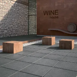 Nowoczesna aranżacja patio w Gorzowie Wielkopolskim z szarymi płytami chodnikowymi, drewnianymi siedziskami i dekoracyjną ścianą z napisem 'WINE house'.