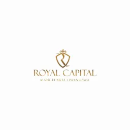 Złote logo Royal Capital z koroną i tarczą, napis 'ROYAL CAPITAL KANCELARIA FINANSOWA' na białym tle.