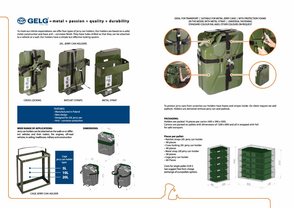 Prezentacja uchwytów na kanistry 20L: krzyżowe blokowanie, pasy z grzechotką, metalowy pasek i klatka. Idealne do transportu, uniwersalne mocowanie.