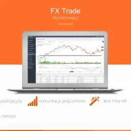 Ekran laptopa prezentujący wykresy giełdowe walut, z pomarańczowym tłem i ikonami opisującymi funkcje: model subskrypcyjny, komunikacja połączeniowa, Real Time API oraz bankowy PenTest.