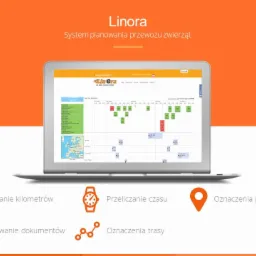 Ekran laptopa prezentuje interfejs systemu do planowania przewozu zwierząt Linora, z widocznym kalendarzem, mapą Europy i funkcjami przeliczania kilometrów, czasu, oznaczania trasy i generowania...