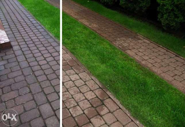 Ceglana ścieżka z pasem zielonej trawy pośrodku, widok z góry. Czysta, zadbana powierzchnia. Regularny wzór kostki brukowej.
