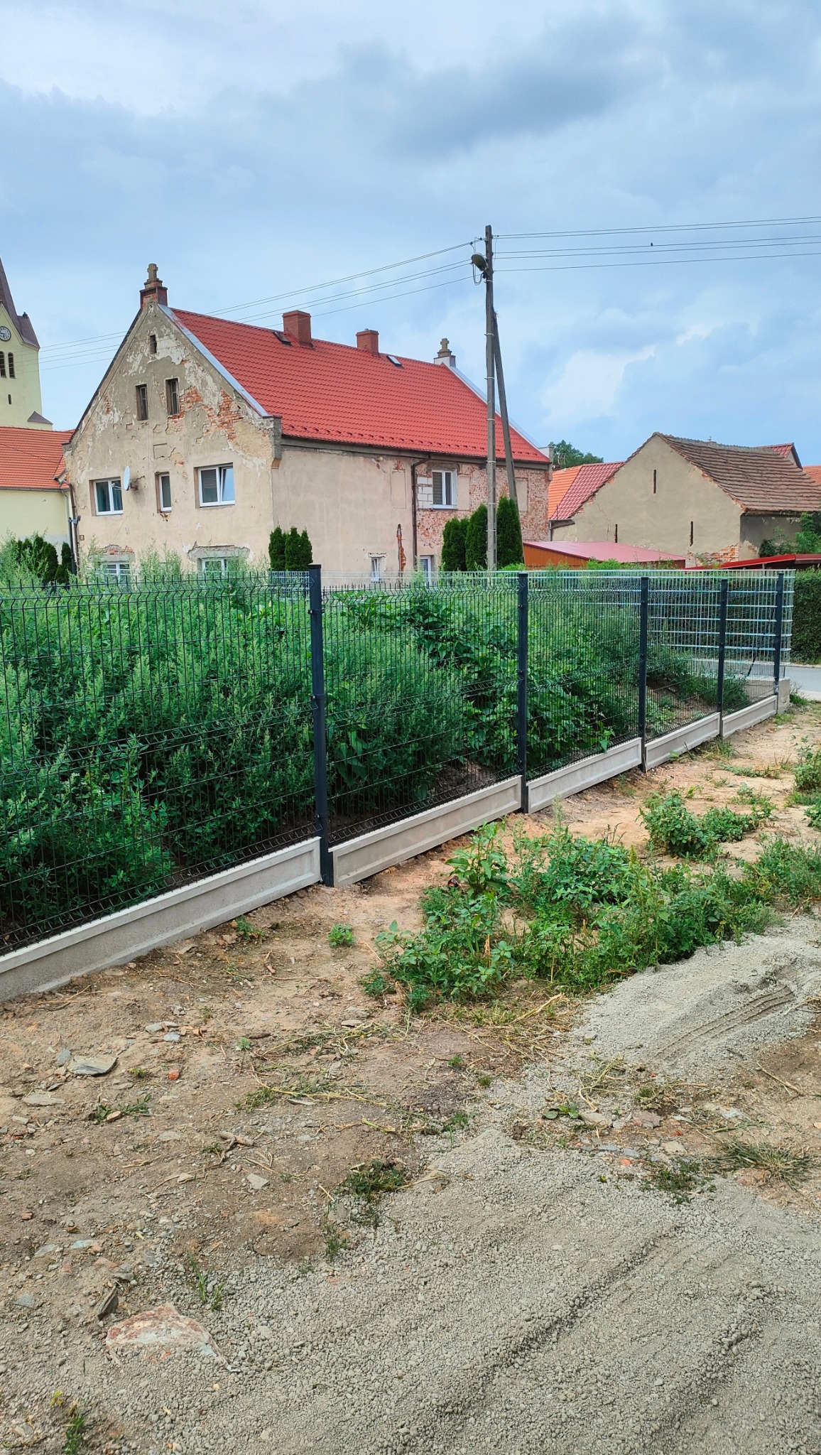 Nowoczesne ogrodzenie panelowe z podmurówką betonową na tle wiejskiej zabudowy, częściowo zasłonięte przez bujną roślinność.