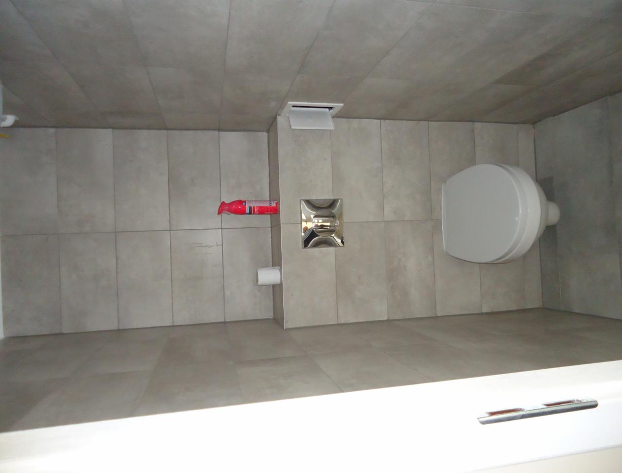 Wykończona łazienka z toaletą, szarymi płytkami, chromowanym przyciskiem spłukiwania i czerwoną butelką płynu do czyszczenia na ścianie. Widok z dołu.
