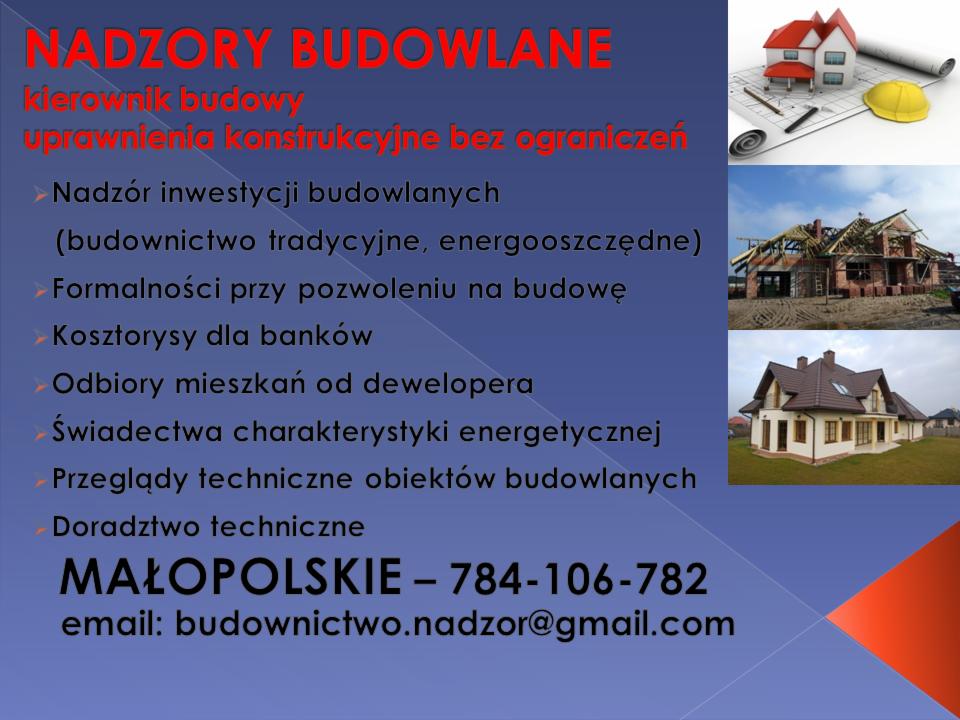 Nadzory budowlane: wizualizacja domu, budowa w toku, ukończony dom. Usługi: nadzór inwestycji, odbiory mieszkań, formalności, kosztorysy, przeglądy techniczne Małopolska.