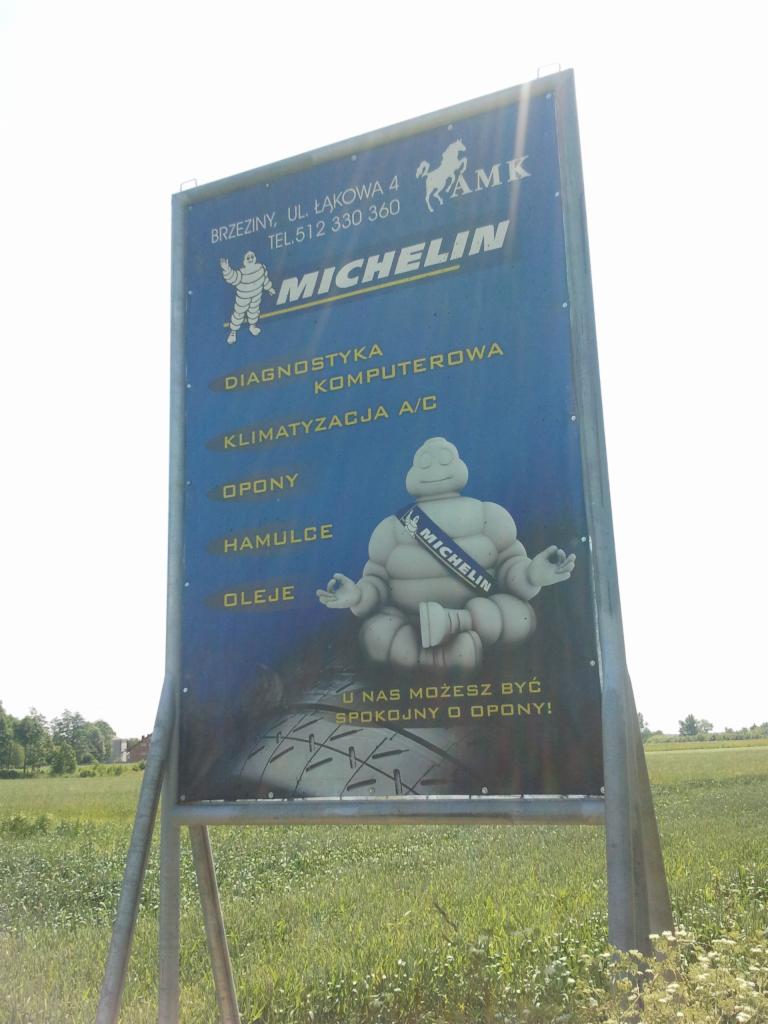 Reklama warsztatu samochodowego Michelin na tle łąki. Na niebieskim banerze oferta: diagnostyka komputerowa, klimatyzacja, opony, hamulce, oleje oraz logo Michelin.