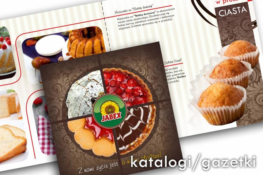 Katalog/gazetka z ciastami Jabex: babka domowa, ciasto piaskowe, muffiny. Grafika reklamowa z logo, tekstem i zdjęciami słodkich wypieków w ciepłej tonacji.