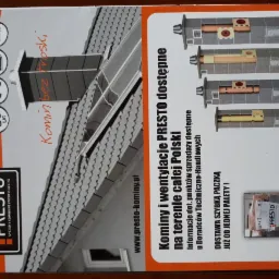 Ulotka reklamowa systemu kominowego Presto z widokiem komina na dachu, schematami budowy i informacjami o dostępności w całej Polsce.