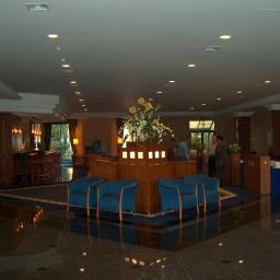 WARM-DOM SP. Z O.O. - Przestronne lobby hotelowe z ciemną, polerowaną posadzką, centralną dekoracją kwiatową i niebieskimi fotelami, oświetlone punktowymi lampami sufitowymi, z widocznym barem i rozmawiającymi gośćmi...