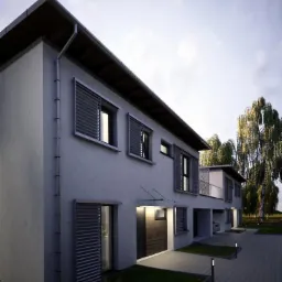 Wizualizacja szeregu nowoczesnych domów jednorodzinnych z szarymi elewacjami, okiennymi żaluzjami i oświetlonymi wejściami, otoczonych trawnikami i brukowanym chodnikiem.