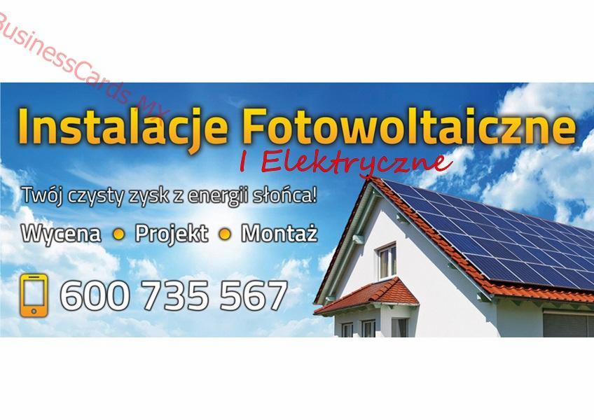 Baner reklamowy: Instalacje fotowoltaiczne i elektryczne. Twój czysty zysk z energii słońca! Wycena, projekt, montaż. Dom z panelami słonecznymi na dachu.