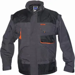 Szaro-czarna kurtka robocza z pomarańczowymi akcentami, widoczne liczne kieszenie i wzmocnienia, na jednolitym tle.