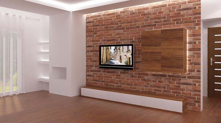 Minimalistyczny salon z ceglaną ścianą, drewnianą podłogą i wiszącym telewizorem. W tle białe półki wnękowe i zasłony. Nowoczesne wykończenie wnętrza.