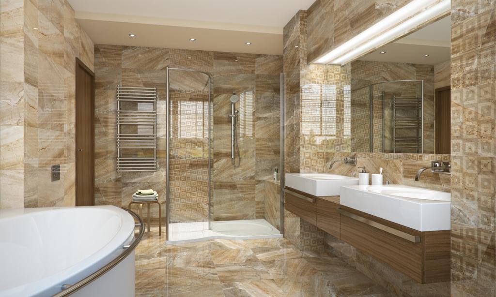 Elegancka łazienka z beżowymi płytkami imitującymi marmur, kabiną prysznicową typu walk-in i podwójną umywalką na drewnianej szafce. Ciepłe oświetlenie.