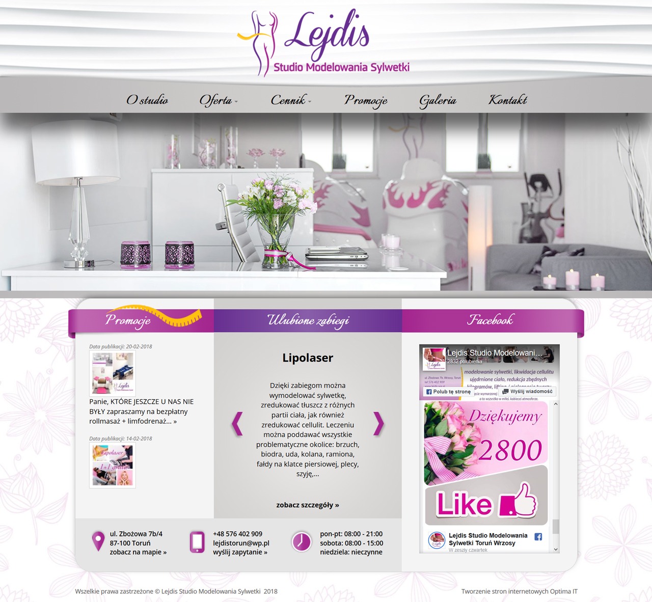Strona internetowa studia modelowania sylwetki Lejdis z menu nawigacyjnym, sekcjami promocji, ulubionych zabiegów (lipolaser) i wtyczką Facebook, utrzymana w kolorystyce bieli, fioletu i szarości.