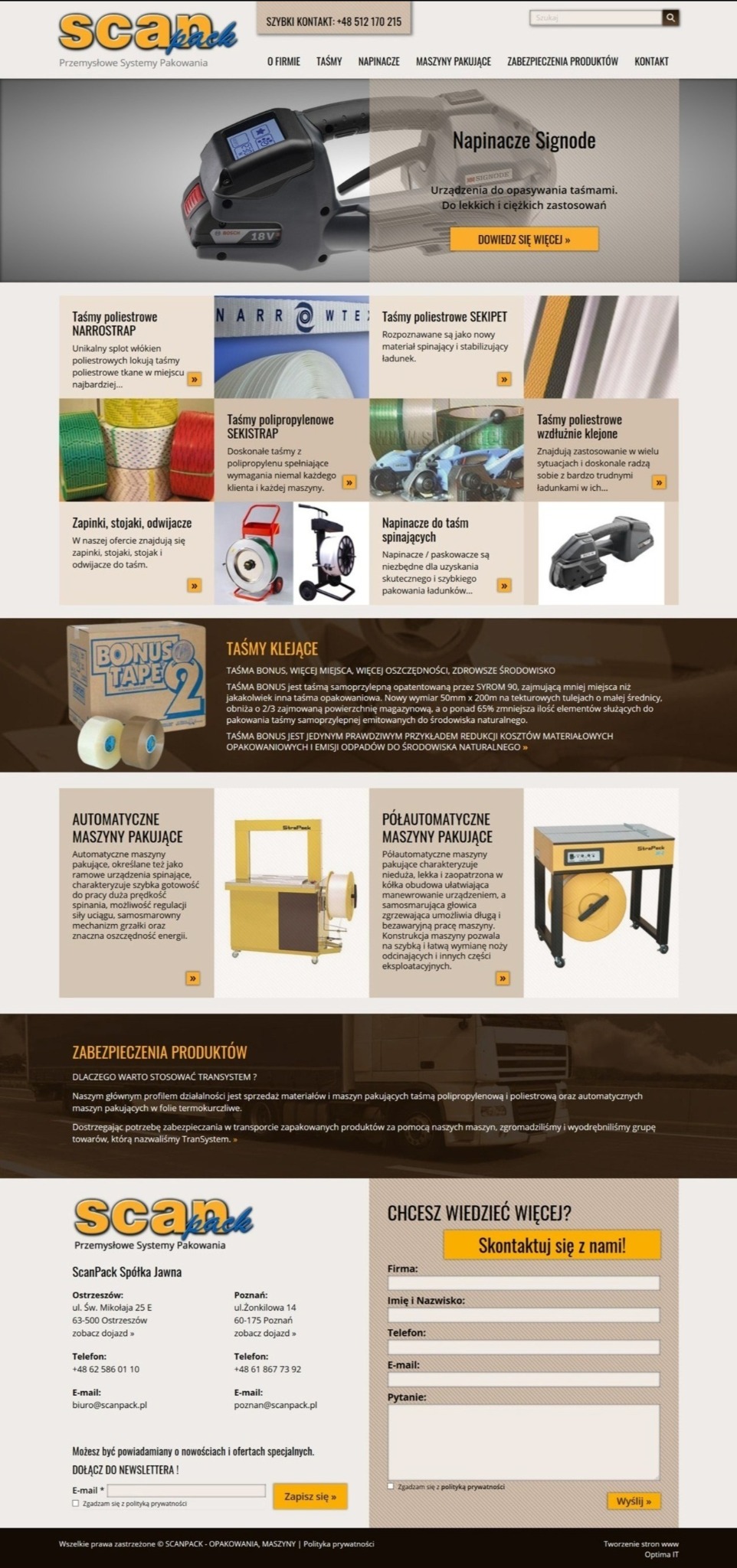Strona internetowa firmy ScanPack, prezentująca napinacze Signode do opasywania taśmami, różne rodzaje taśm (poliestrowe, polipropylenowe, klejone), zapinki, stojaki, odwijacze, maszyny pakujące...