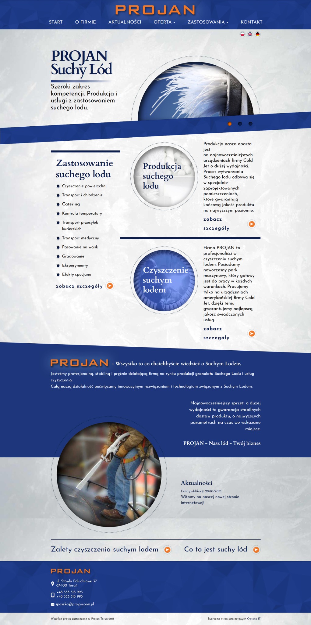 Fragment strony internetowej firmy Projan, specjalizującej się w produkcji i czyszczeniu suchym lodem, z widocznym pracownikiem w kombinezonie i hełmie, używającym specjalistycznego sprzętu...