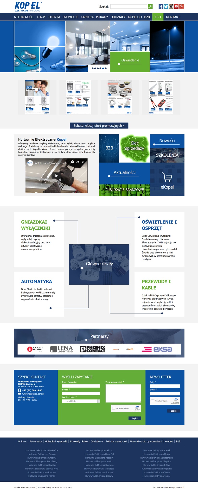 Strona internetowa hurtowni elektrycznej Kopel z ofertą oświetlenia, gniazdek, automatyki, przewodów i kabli oraz formularzem kontaktowym.